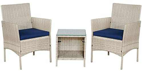 BTEXPERT Outdoor Wicker Conversation 3 Piece Bistro Set Garden Patio Yard Porch Furniture Space Saving Pe Rattan 2 Chairs Cushions Side Storage Glass Table Stone Gray/Navy Blue 3pc