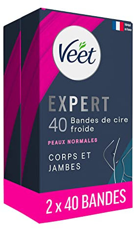 Veet Expert - Set di 80 strisce di cera fredda per corpo e gambe, per pelli normali
