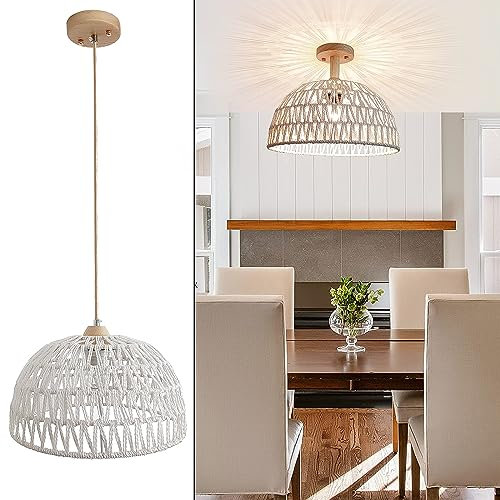YNDD Lámpara Colgante Ratán Boho, Luces de Araña Vintage E27 con 2 Base de Lámpara Pantalla de Cuerda de Papel Tejida a Mano Luz de Techo Retro Rústica para Dormitorio Sala Comedor Iluminación Blanco