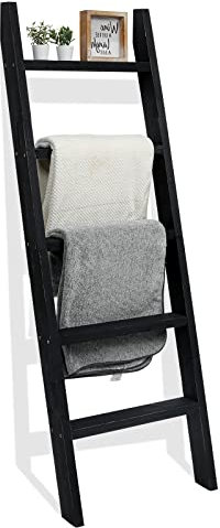 FUIN 5ft (58) Wood Blanket Ladder Living Room Decorative Wall Leaning Farmhouse Quilt Display Holder Shelf Rustic Wooden Towel Rack for Bathroom, Black