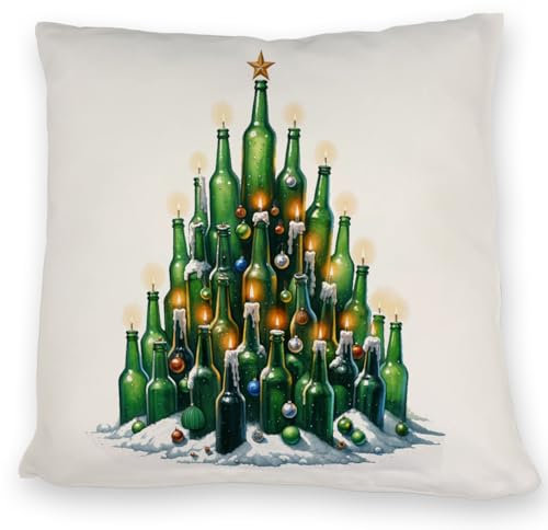speecheese Weihnachtsbaum aus Bierflaschen Kissen Originelles WeihnachtsKissen für Bierliebhaber, Biergeschenk mit Kerzenbaum-Motiv