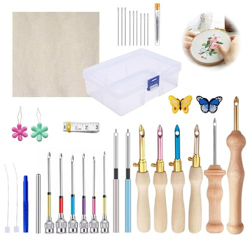35 Stück Punch Needle Set,Stickerei Starter Kit Holzgriff Stickstifte Einstellbare Stanznadel Werkzeug,Punchneedle Stick Nadel Stickstift Embroidery Kit mit Aufbewahrungsbox für DIY Nähen Stickerei