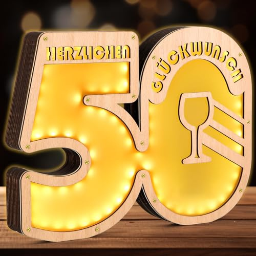 Giftota - Upgrade 2024 Originelle 50 Geburtstag Geschenk mit LED Lichterkette Frauen & Männer - Geldgeschenke Geburtstag 50 - Holz-Schild Gästebuch - 50 Geburtstag Deko - Personalisierbares Geschenk