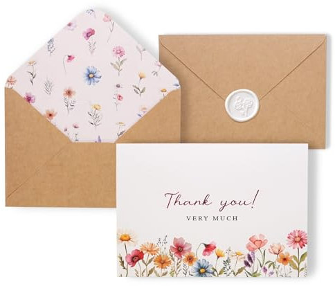 Liheheca Blumen-Dankeskarten mit Kraft-Umschlägen und Wachssiegel-Aufklebern, Großpackung, elfenbeinfarbene Vintage-Blumengrußkarten mit Umschlägen, Set für Geburtstag, Hochzeit, Brautparty,