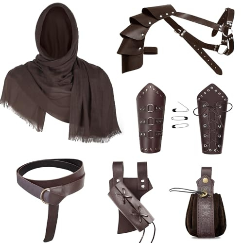 YORDET Mittelalter Ritter Zubehör Männer Renaissance Retro Zubehör Set | Leder Gürtel, Retro Schal, Armschienen, Gürtel Tasche, Schulterpanzer für Halloween Karneval