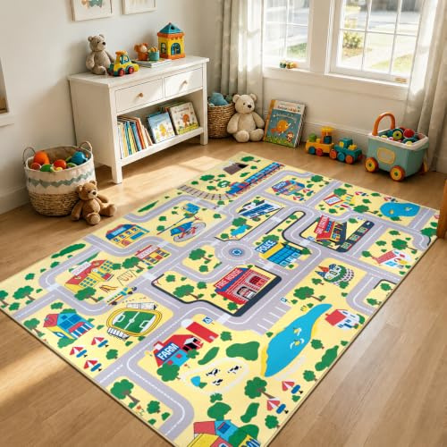 Capslpad Kinder Teppich Spielteppich für Kinder Stadt 150x200cm Rutschfest Kinderteppich Spielmatte Maschinenwaschbar Kurzflor Pädagogischer Spielteppich für Kinderzimmer Spielzimmer Dekor, Wüstengelb