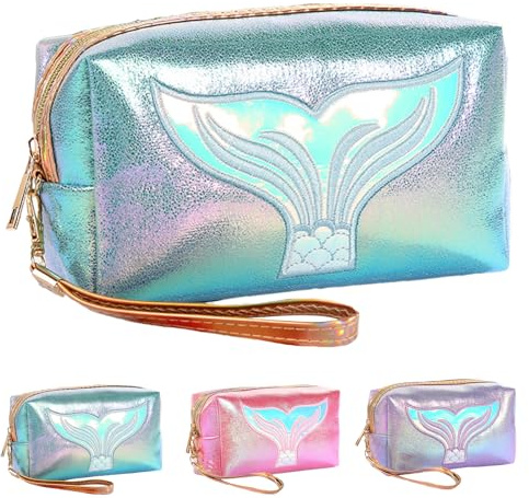 LUKIUP Meerjungfrau Kosmetiktasche Damen Klein,wasserdichte Mini Schminktasche, Kleine Organizer Tasche für Handtasche, Make-up und Kleinigkeiten, Süßes Geschenk für Mädchen und Frauen (See Blauer)