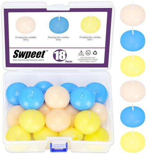 Swpeet Schwimmkerzen-Set, 3,8 cm, elfenbeinfarben/gelb/blau, geruchlos, schwimmende Scheiben, Kerzen, tropffrei, handgerollt, Paraffinwachs, Baumwolldochte für Tafelaufsätze, Hochzeiten, Partys und