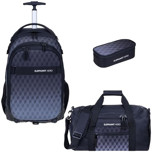 Elephant 3 Teile Set Trolley Schultrolley Rucksack 12869 Black Cube TSM | Schultrolley Schulranzen Trolly Jungen Mädchen Rucksacktrolley Box Schulsporttasche Rcsack mit Rollen Schultasche