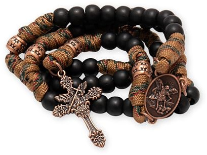 Nazareth Store St. Benedikt Paracord-Rosenkranz 8 mm schwarze matte Perlen Antikbronze starke robuste Kordel-Rosenkranzkette mit Jesuskreuz (Braunes Paracord Bronze St.Michael)