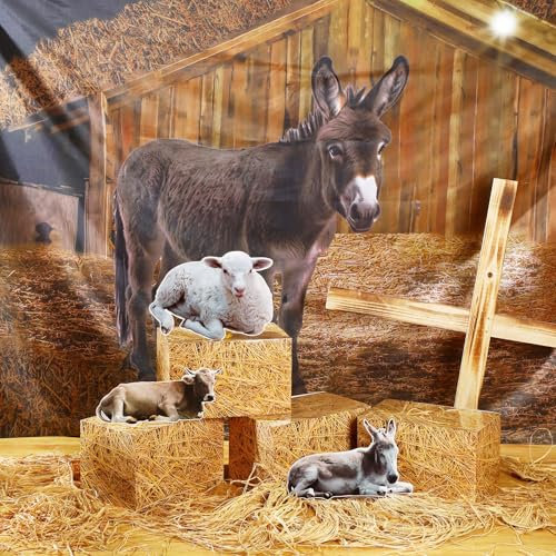 Bucherry 8 Pcs Christmas Nativity Scene Decorations 9 x 6 ft Nativity Stable Scene Backdrop Banner Hay Bales Boxes Decor Nativity Animal Cardboard for Holy Family Christian Photo Props