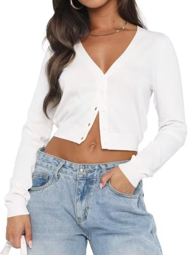 LACOZY Button Down Sweaters for Women Cropped Cardigan Sweater Open Front Bolero Short Shrugs for Dresses White S