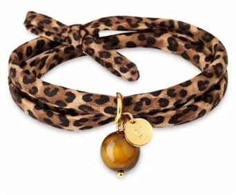 happymaker - Leo Armband, Wickelarmband Damen im Leopardenmuster, Stoffband mit Edelsteinanhänger Tigerauge als Choker, Halsband oder Armband, handmade in Deutschland