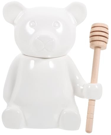 Cabilock Ceramic Honey Jar Dipper Stick Bear Shape Honey Container White Ceramic for Kitchen Table Use Wooden Spoon