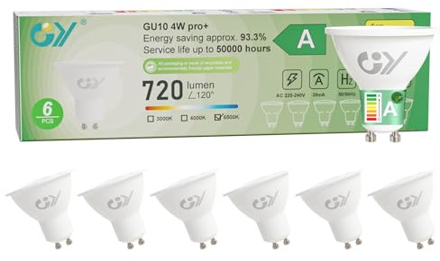 GY Bombilla Led GU10 4W(Equivalente a 60W), Luz Blanca Fría 6500K, 720 Lúmenes, Ángulo de haz de 110°, No Regulable, Bombilla Bajo Consumo Clase A, Pack de 6