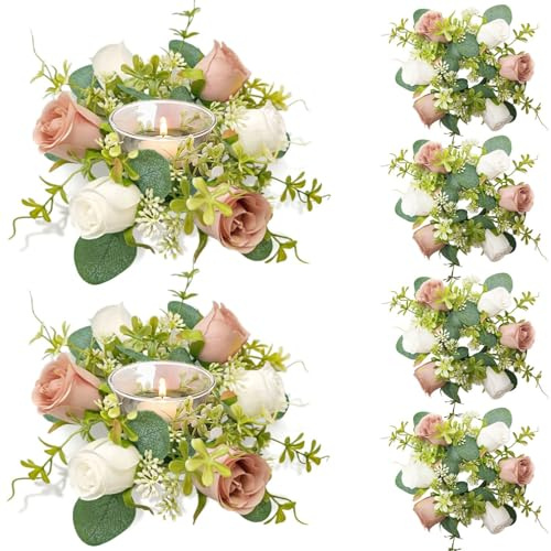 OrgMemory 6 Pcs Candle Rings, Artificial Eucalyptus Leaves Wreath, Pillar Candle Holder for Wedding Home Door Tabletop Decoration, Small Candle Rings Wreaths(Dusty Rose&White)