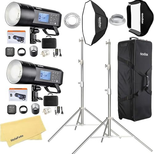 Godox AD400 Pro All-in-One 2PCS Outdoor Flash with 2PCS 2.8M Heavy Duty Light Stand and Godox Softbox 32''x32'' 80CMx80CM Retangular/37.4'' 95CM Octagon Softbox for Photography,2.4G TTL 1/8000 HSS