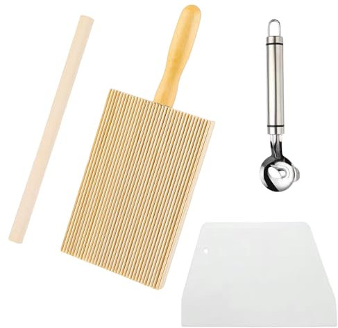 Tablero de Pasta de ñoquis Tabla de ñoquis Raspador con 1 Madera Rodillo de Cocina y Plástico Espatulas de Repostería y Acero Inoxidable Cuchillo para Fideos Hace que la Pasta Casera sea Fácil