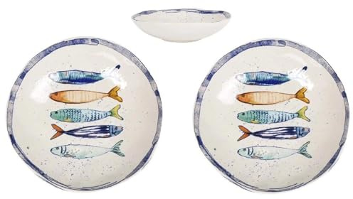 Platos de diseño mediterráneo con diseño de sardinas, platos llanos marítimos (26 cm), platos hondos (21 cm) o platos de postre (20 cm) de gres resistente, acabado liso (juego de 2 platos hondos (21
