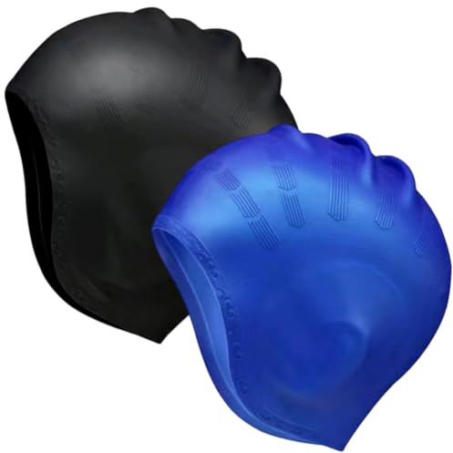Unisex-Badekappe aus Silikon, 3D-Ohrenschutz, 2 Stück, wasserdicht, für Kinder, Erwachsene, Badekappe für kurze/lange Haare