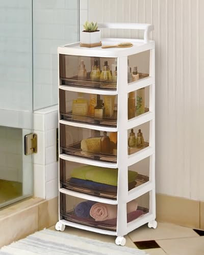 Froppi Pre-Assembled Plastic Storage Drawers on Wheels | 5-Drawer Storage Unit with Attachable Handle L28.5 W34 H74 cm White/Coffee