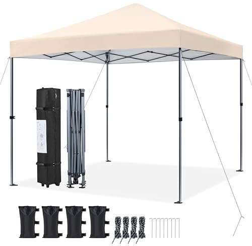 Yaheetech Pop Up Gazebo, 3x3m Easy One Person Setup Instant Shelter, Waterproof Garden Patio Canopy with 4 Sandbags, 4 Ropes & 8 Stakes, Wheeled Bag, Steel Frame, Adjustable Height - Beige
