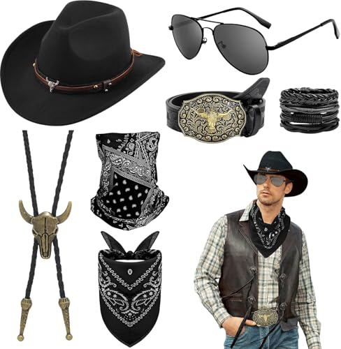Saier tbo 7 Stück Western Cowboy Zubehör Set, Deluxe Cowboy Kostüm Accessoires Kit mit Cowboyhut Brille Bandana Maske Halskette Armband Gürtel für Erwachsene Damen Herren Halloween Mottoparty Cosplay