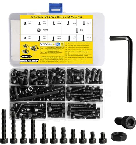 200 Pcs M6 Screws Set, Bolts and Nuts Set, Assorted Nuts and Bolts Assortment, Black Hex Socket Head Cap Screws Set, Hexagon Allen Machine Screwsset for Bicycle Motorcycle Repair DIY, with Wrench