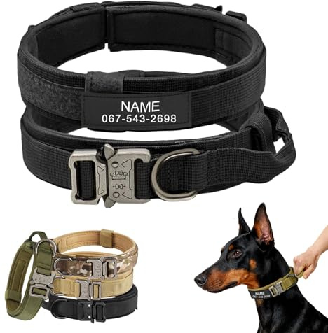 Taktisches Hundehalsband mit Namen und Telefonnummer, personalisierbar, verstellbares Halsband mit Griff für mittelgroße und große Hunde, weiches Nylonfutter, Schnellverschluss-Schnalle (Schwarz