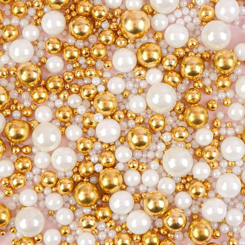 Edible White Gold Pearl Sugar Sprinkles, 130g, Gold Cake Decoration, Gold Sugar Pearl Sprinkles for Cake Decorating, Cupcake Topper, Holiday Birthday Party Supplies
