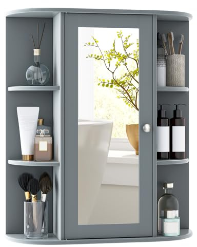 COSTWAY Bathroom Mirror Cabinet, Single Door Wall Mounted Storage Cupboard with Fixed/Adjustable Shelves, Home Office Living Room Display Organiser Unit (Grey, 59 x 17 x 70cm)