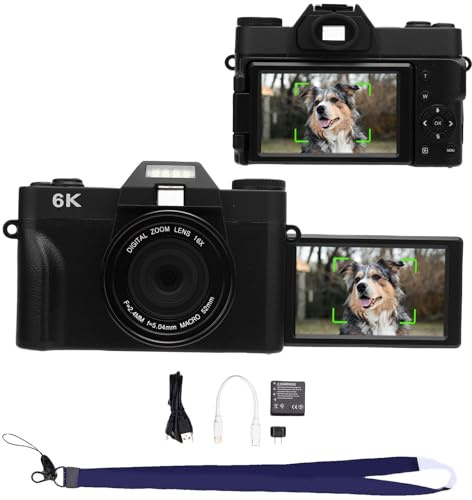 BuyWeek Digitalkamera 6K 64MP mit WLAN, 16X Digitalzoom Autofokus HD Vlogging Kamera mit 3 Zoll 180 Grad Flip Bildschirm, Selfie, LED-Blitz/Fülllicht, Zeitlupenaufzeichnung (Schwarz)