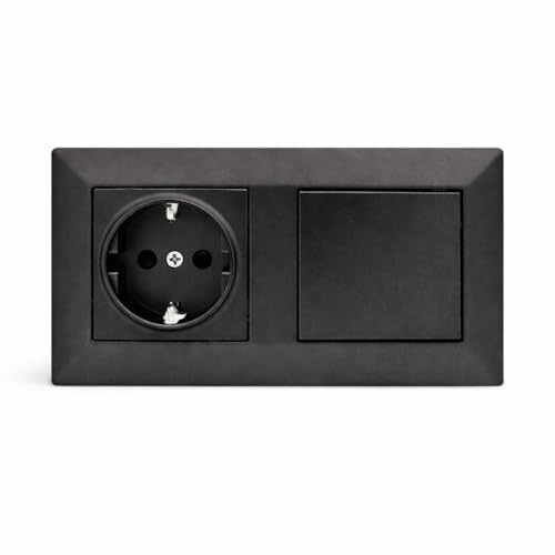 Jandei - Enchufe Schuko 2P+T 16A y Interruptor Conmutador, 230V, Decoración Elegante Pared Interior, Fácil de Instalar, Incluye Marco y Mecanismo, Policarbonato Color Negro