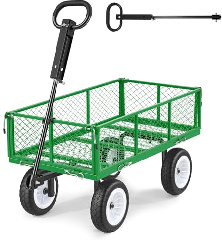 VEVOR Carrello da Giardino in Acciaio Portaoggetti Carico max 408,2 kg Carrello da Trasporto per Legna Terra Detriti Lati Rimovibili Ruote Antiforatura in PU, Carretto Compatibile con Trattori, Verde