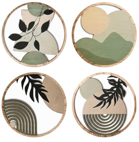 4 Pcs Boho Green Botanical Wooden Wall Art Decor, Minimalist Sage Green Wall Decor Hanging Sign for Living Room Bedroom Bathroom Office Farmhouse Aesthetic Room Decor