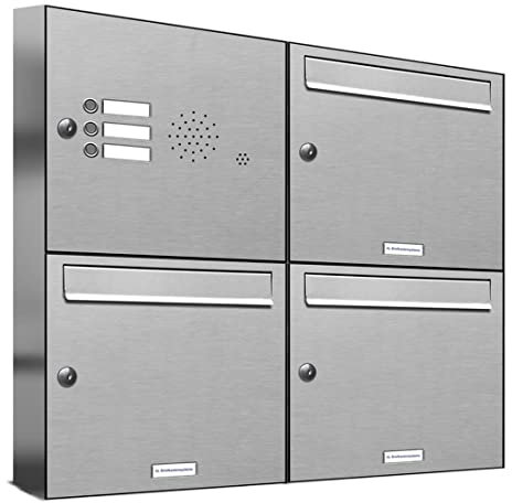 AL Briefkastensysteme 3er Briefkastenanlage mit Klingel, Edelstahl, Premium Briefkasten DIN A4, 3 Fach Postkasten modern Aufputz