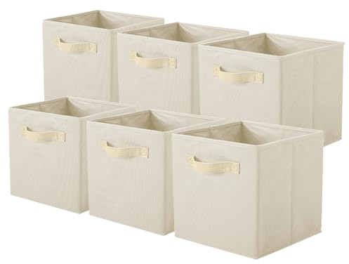 PowerKing Fabric Storage Box Organiser 6 Foldable Storage Container Storage Box, Cube, Beige