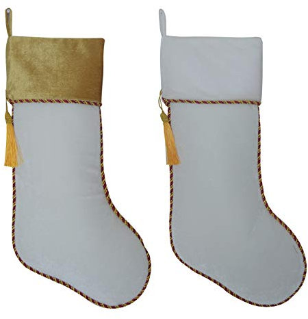 Gireshome Set von 2 Stück Vintage Gold & Weiß SAMT Strumpf mit Quaste Dekoration, Weihnachtsstrumpf, 25,4 x 45,7 cm