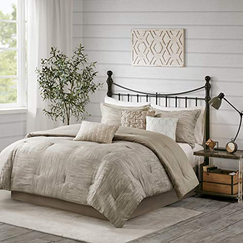 Madison Park Walter Comforter-Luxe Seersucker Print Design All Season Down Alternative Bedding, Matching Shams, Bedskirt, Decorative Pillows, King(104x92), Taupe (MP10-7086)