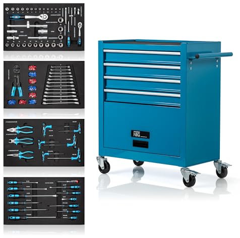 NTG Werkstattwagen inkl. Werkzeug 70 Teile - 4 Schubladen + großes Fach - Kugelgelagerte Schubladen - Transportsicherung - 2 Rollen m. Feststellbremse - Werkzeugwagen - PERFEKTE WERKSTATTORGANISATION