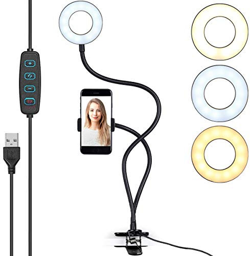 ayex USB-Smartphonehalterung LED Ring-Licht mit Schwanenhals Dimmbar mit warmen und kaltem Licht Vlog und Selfie-Ringleuchte um 360° Grad drehbar schwarz