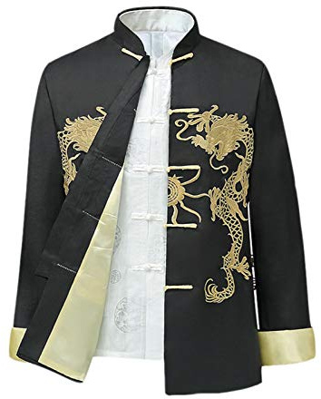 Chinese Style Tai Chi Shirt Kung Fu Tops Tang Suit Men Long Sleeve Dragon Embroidered Jacket Coat Outwear Black