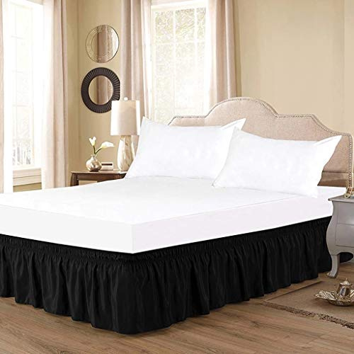 Jupe de lit élastique à Volants de Couleur Unie, Robuste et élastique - Style Enveloppant - 38cm de Hauteur (Color : Black, Size : 140 * 190+38cm)