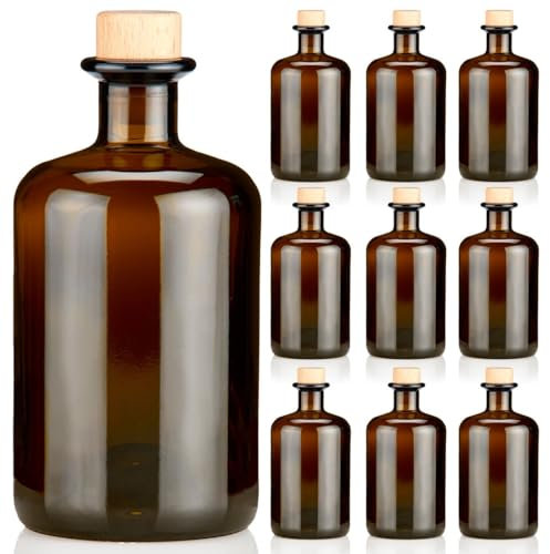 9x Apothekerflaschen braun 500ml leer Holzkorken natur, elegante Braunglas Flaschen schwarz antik für Öl, Gin, Kräuter Schnaps od. als Geschenk 0,5L Glasflaschen