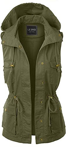 SOUGAO Damenweste mit Kapuze, Militär, ärmellos, Safari-Weste, grün, Medium