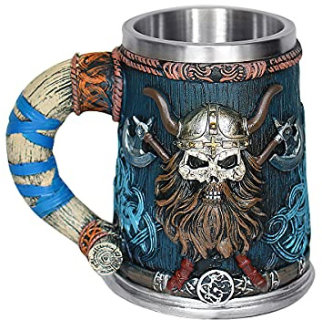 OTARTU Valhalla Viking Stainless Steel Single Handle Horn Skull Beer Stein Cup, Nordic Viking Warrior Skull Mug Tankard 17oz, Halloween Bar Drinkware Men’s Gift