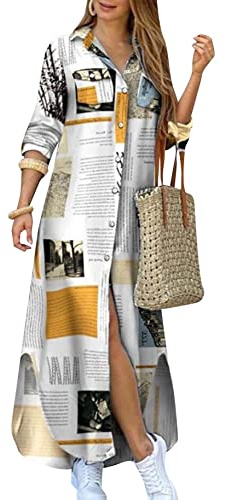 YMING Robe décontractée à revers pour femme - Robe chemise boutonnée - Imprimé floral - Robe longue à manches longues - Robe à carreaux, Journal, S