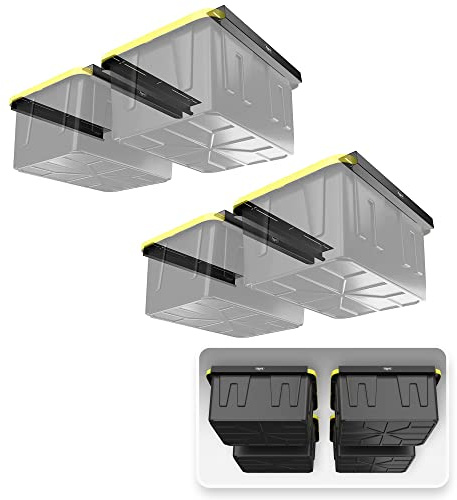 Koova Lot de rails pour 4 bacs de rangement avec largeur réglable à suspendre au plafond du garage | Adapté à la plupart des bacs de rangement noirs et jaunes | 4 ensembles