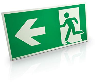 Notausgangsschild „links“ - Hart-PVC, langnachleuchtend & selbstklebend - 30,0 x 15,0 cm - Gemäß ASR A1.3 DIN 7010 DIN 67510 - Rettungsweg, Fluchtweg - Betriebsausstattung24