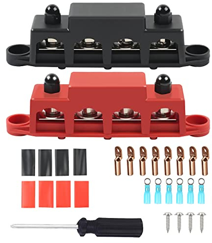 TIHOOK 250 Amp Sammelschienen Verteilerblock, 4 x M8 BusBar Box | 12V-48V DC Klemmenbolzen Hochleistungsmodul, Stromverteilerblöcke für Auto RV Boat Yacht(Rot+Schwarz)